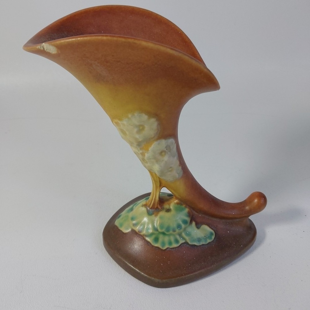 Roseville Pottery Apple Blossom 125‎ Cornucopia Vase Orange Green